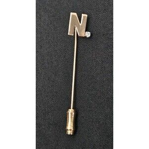 Vtg 14k Yellow Gold 1.2 Grams Hat Pin Stick W/ Small Diamond Accent, Letter "N"